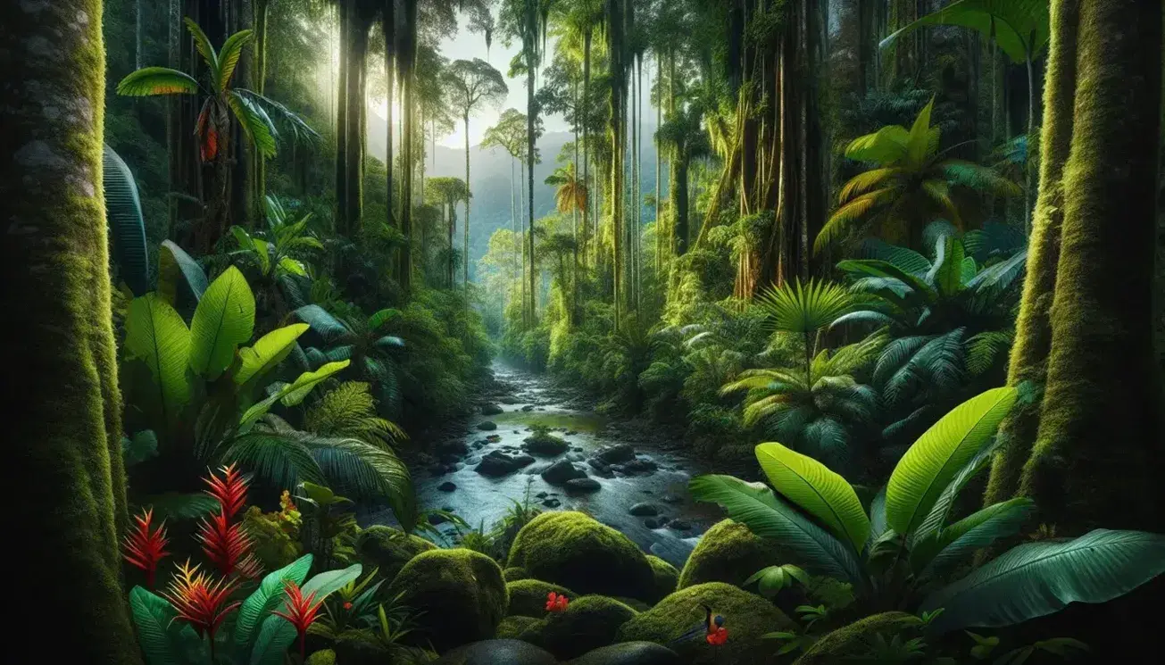 Selva tropical húmeda en Colombia con río serpenteante, vegetación densa, flores coloridas, aves exóticas y montañas neblinosas en el fondo.