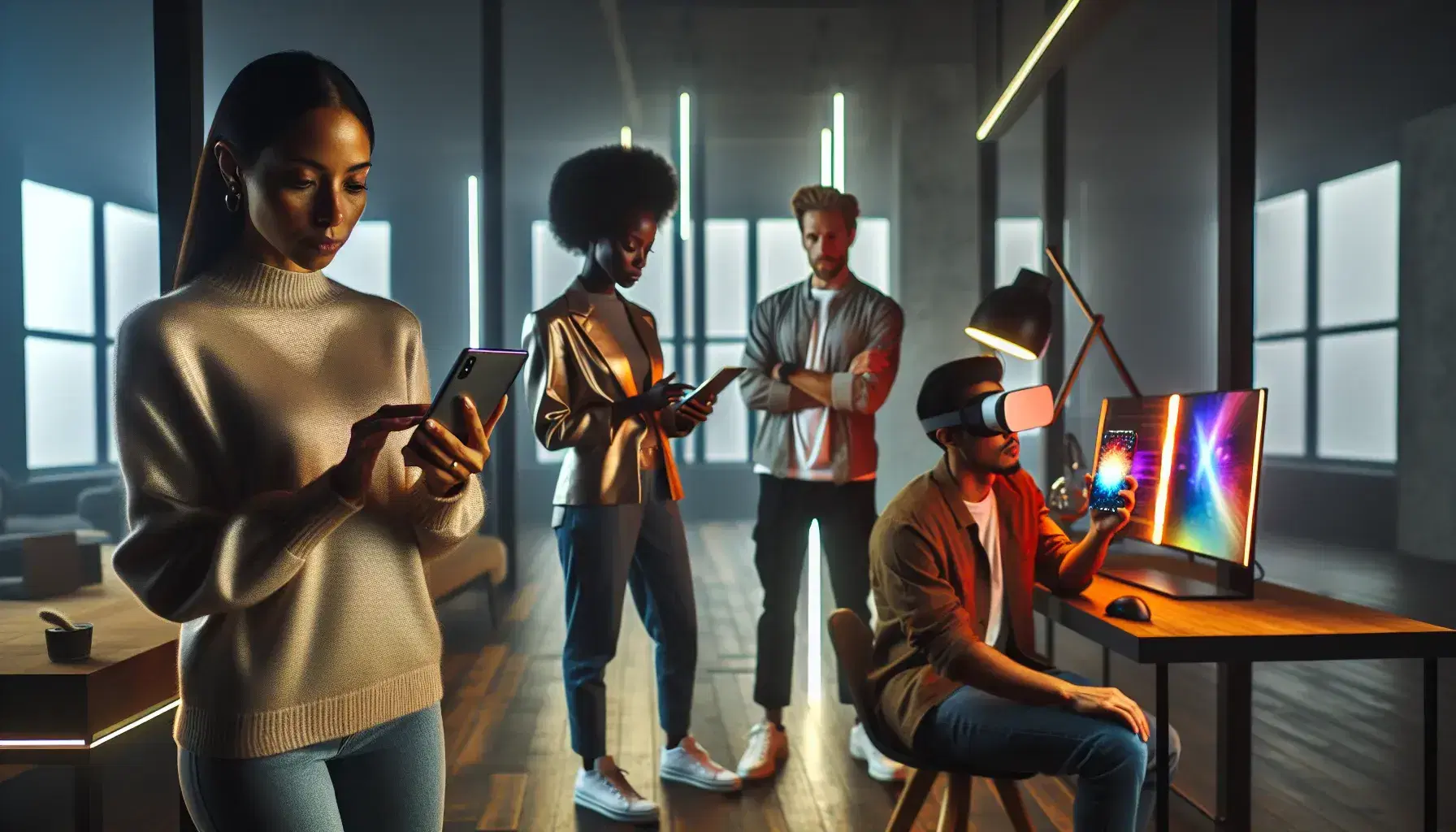 Four people of different ethnicities use multimedia technologies in a modern space with soft lighting, interacting with smartphones, VR and tablets.
