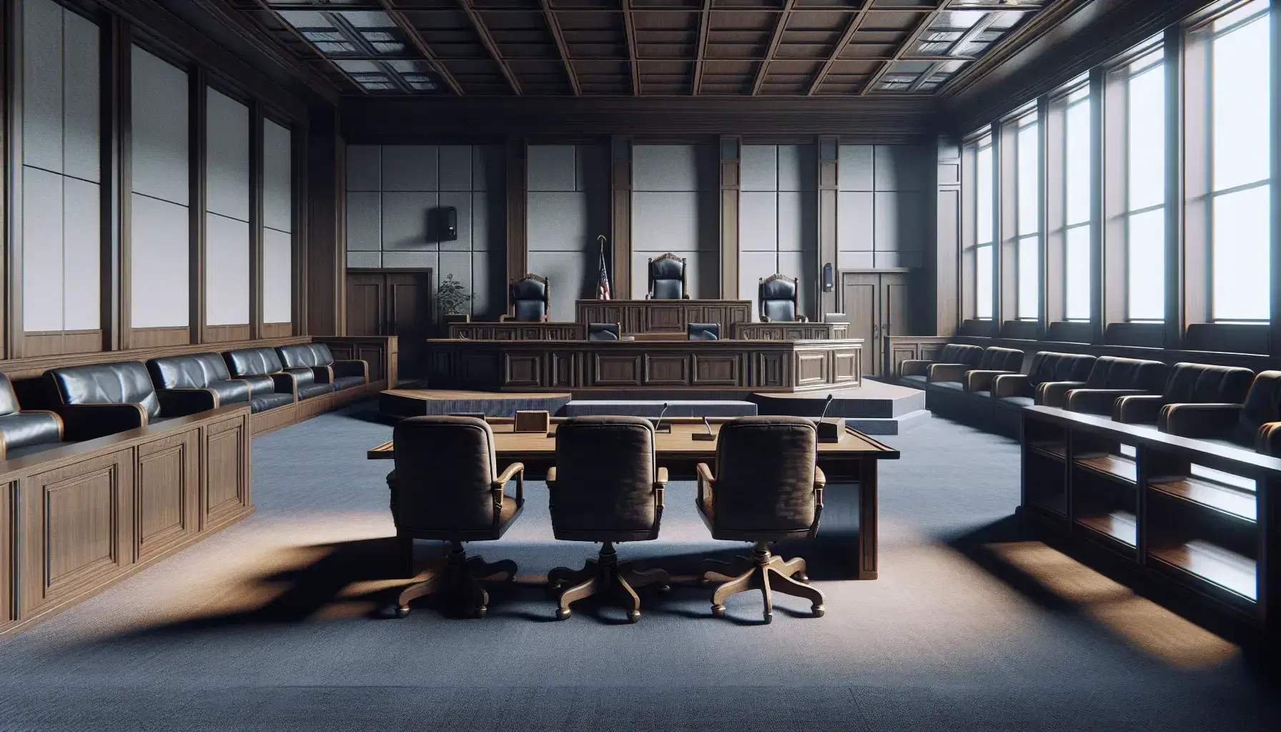 Interno di un'aula di tribunale vuota con scrivania del giudice in legno scuro, banchi per avvocati e testimoni, e moquette blu scura.