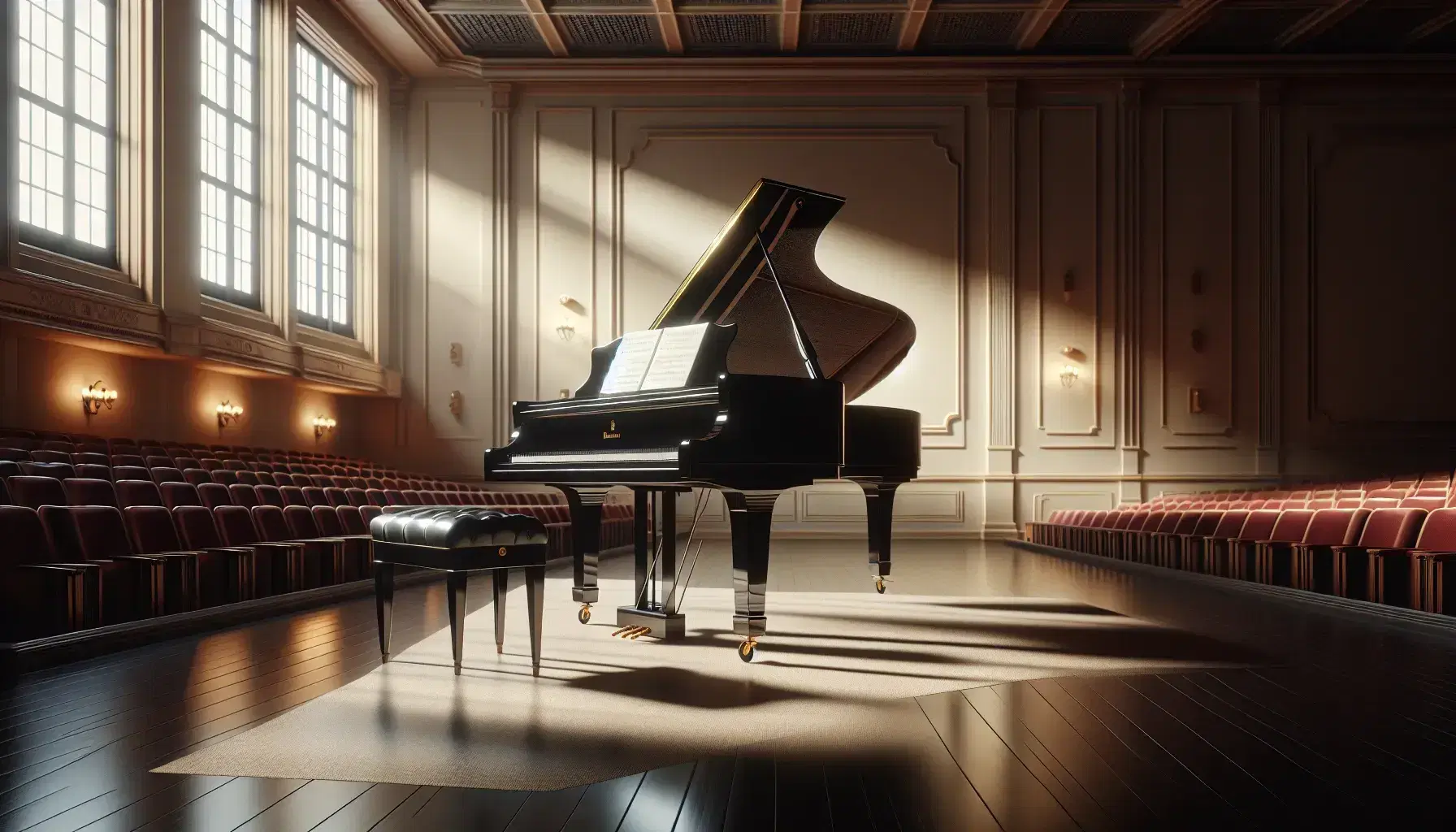 Pianoforte a coda nero lucido al centro di una sala concerti vuota con pareti crema, pavimento in legno scuro e sedili rossi.