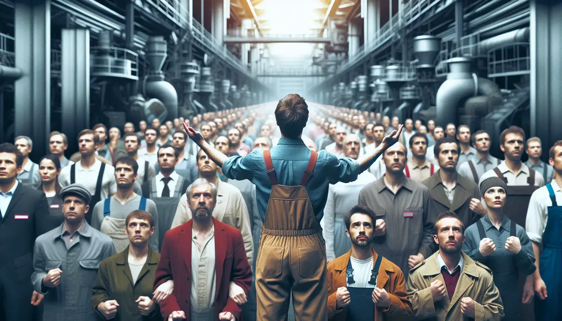 Grupo unido de personas diversas con ropa de trabajo frente a fondo industrial, líder con brazos alzados simbolizando llamado a la acción y solidaridad.