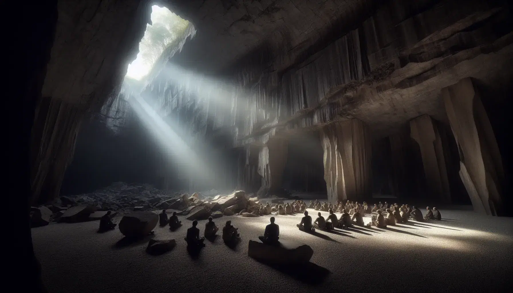 Cueva espaciosa con techo alto y luz natural filtrándose por una abertura superior, figuras humanas observan sombras en una pared lisa, cadena parcialmente visible.