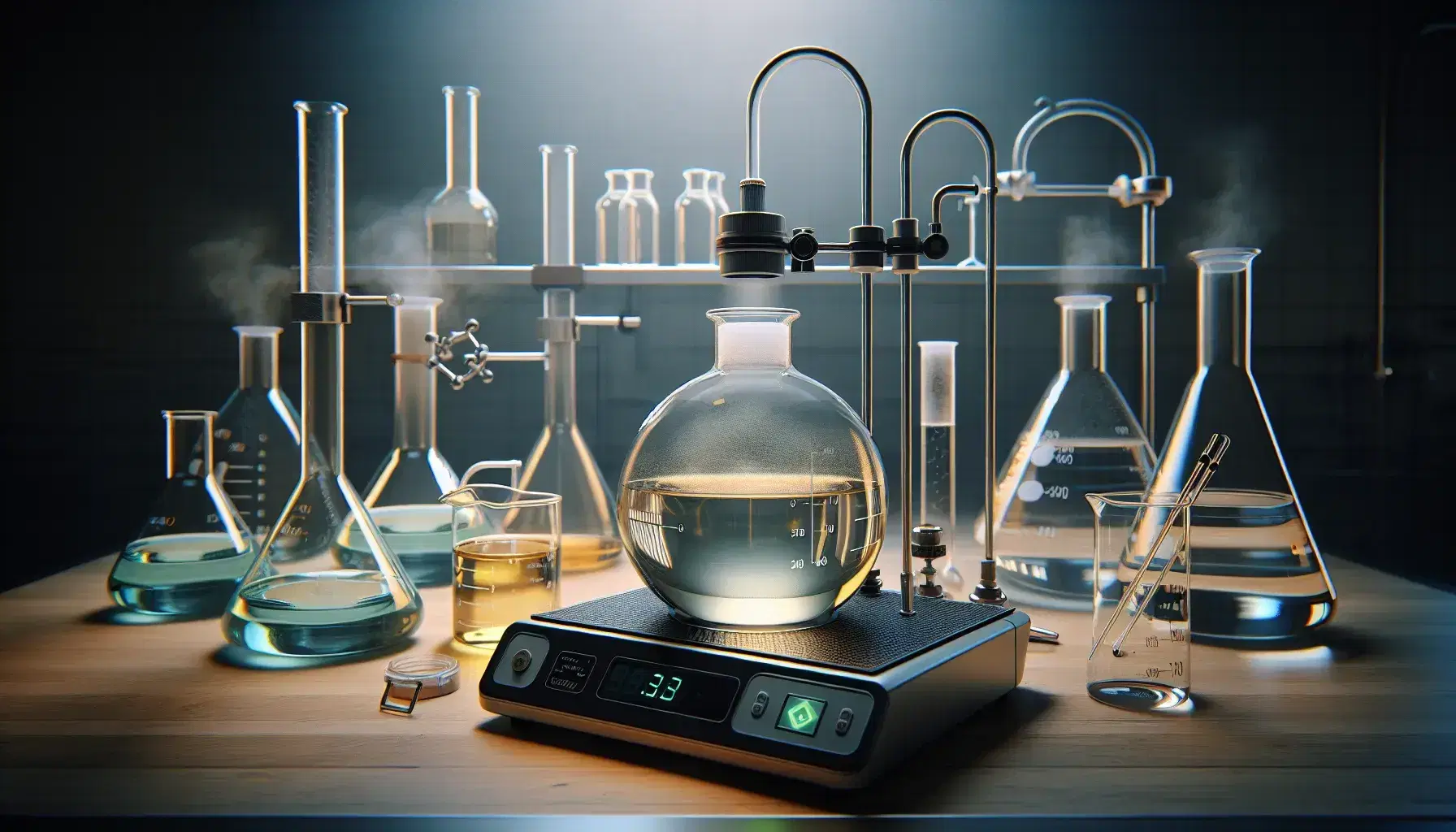 Laboratory with round bottom flask connected to condenser, heated plate on, beaker with colorless liquid and mortar with white powder.