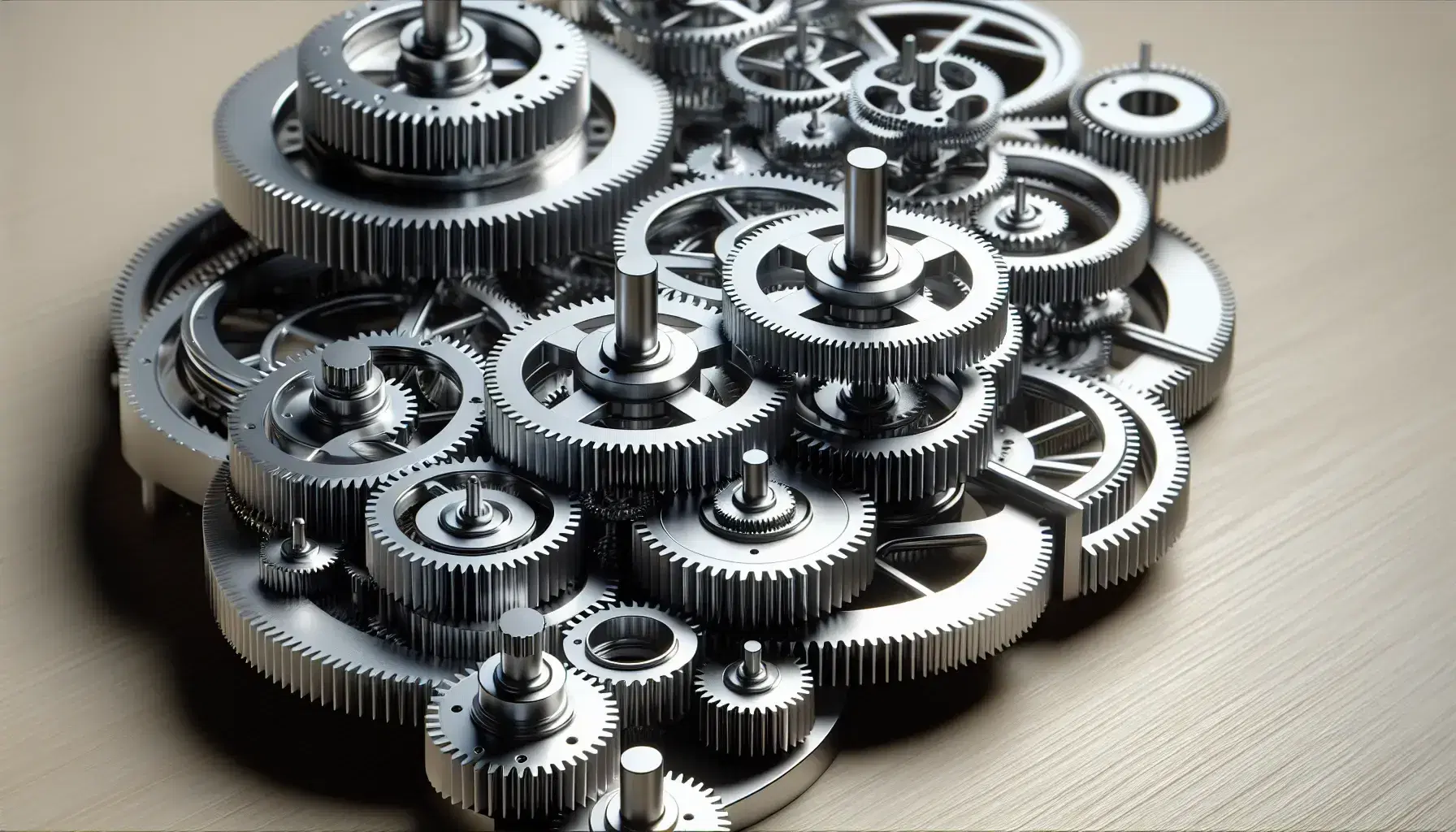 Ingranaggi metallici interconnessi su sfondo neutro che riflettono la luce, evidenziando la precisione e la tridimensionalità del meccanismo.