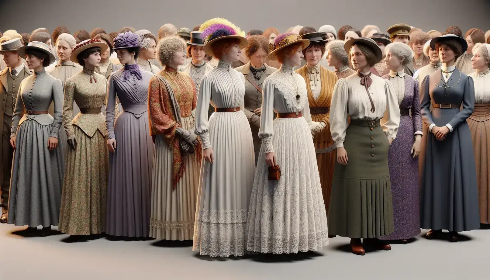 Grupo diverso de mujeres representando la moda de distintas épocas históricas, desde el siglo XVIII hasta los años 70, en una muestra de solidaridad y progreso.