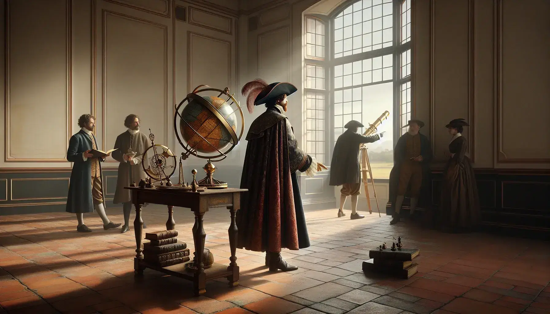 Escena histórica con individuos en atuendos antiguos, uno con capa roja y sombrero con pluma junto a mesa con globo terráqueo y astrolabio, otro usando telescopio y tres conversando al fondo en habitación iluminada.