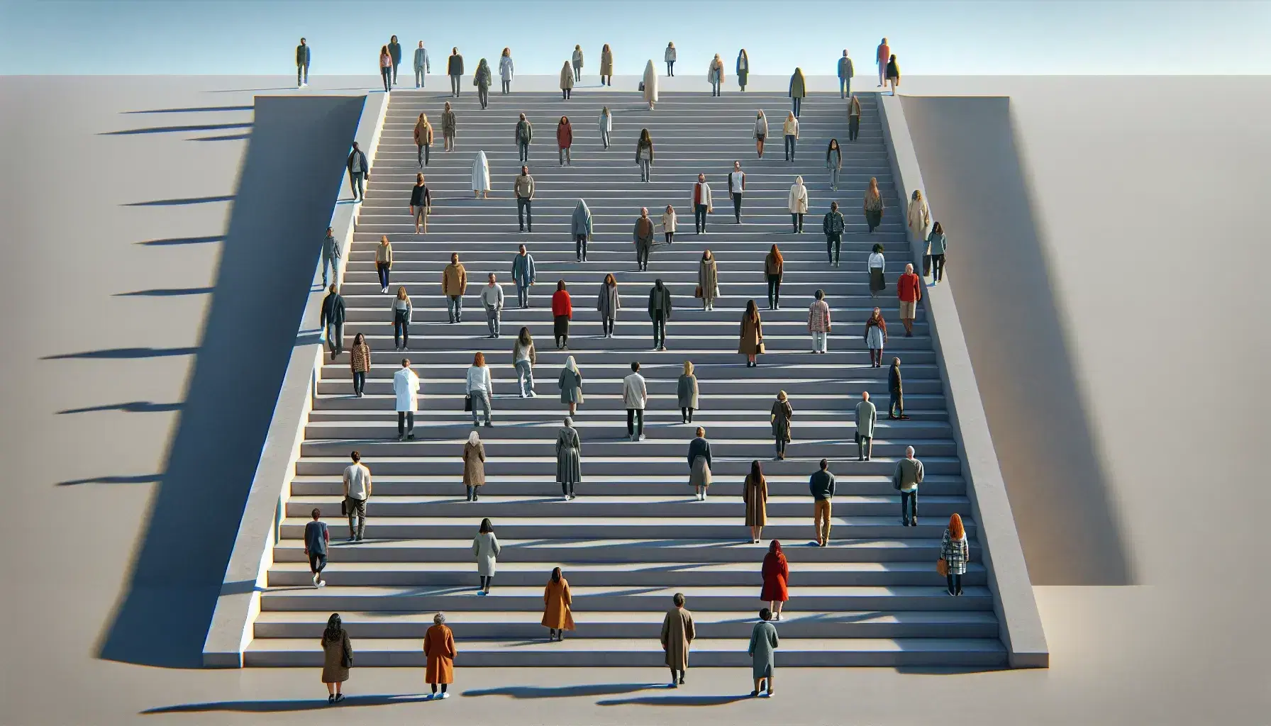 Grupo diverso de personas en escaleras al aire libre, con individuos en ropa oscura abajo y otros en atuendos coloridos arriba, mirando hacia el horizonte bajo un cielo azul claro.
