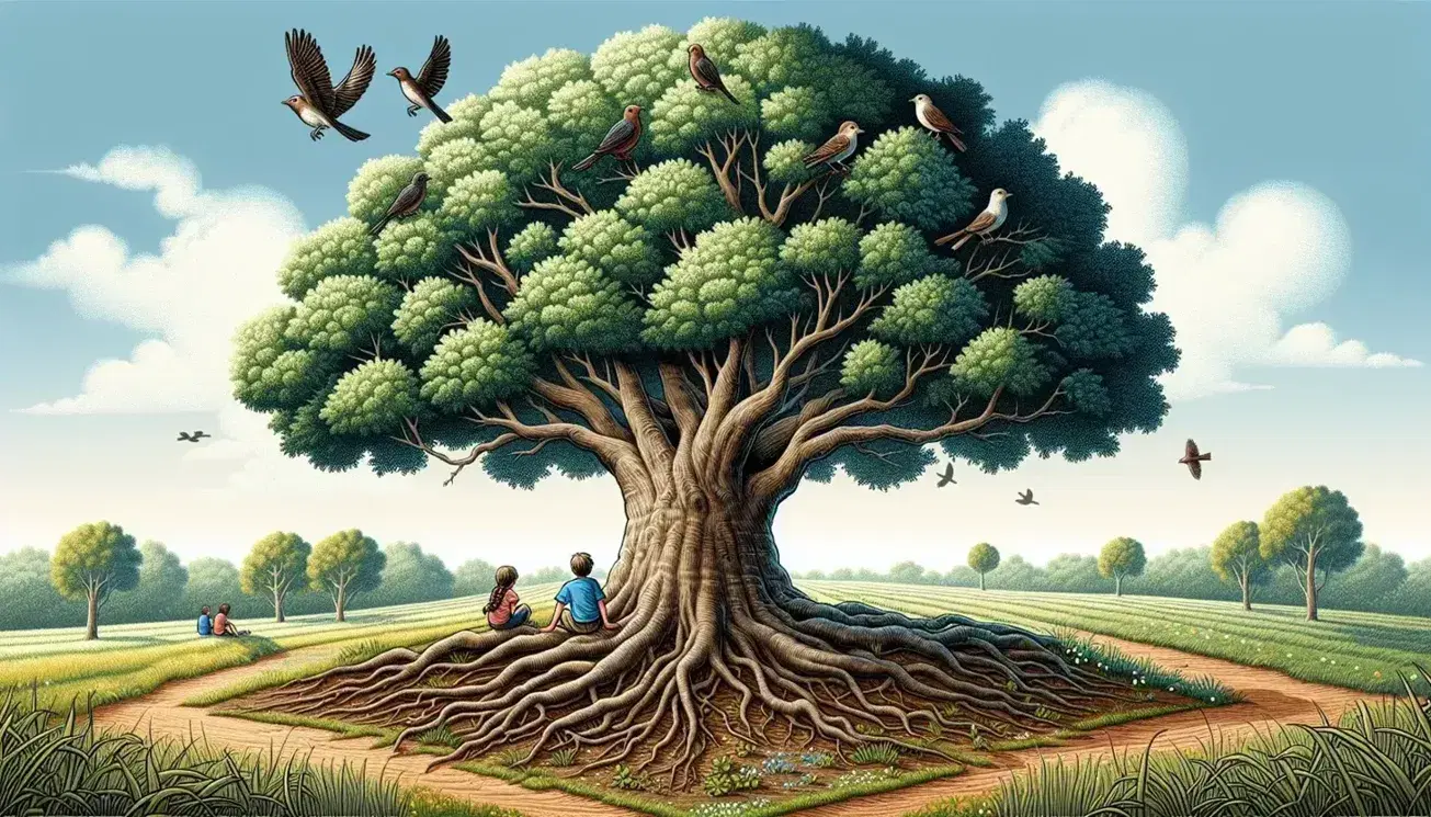 Árbol robusto con tronco grueso y raíces visibles, hojas verdes y pájaros en las ramas, bajo un cielo azul con niños sentados cerca.