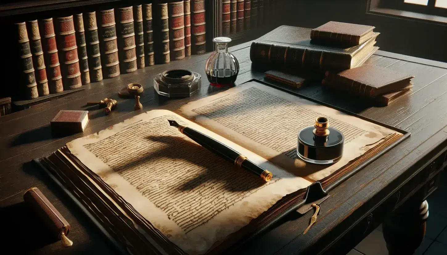 Scrivania antica in legno scuro con libro aperto, calamaio, penna stilografica, sigillo in ottone e ceralacca, su sfondo di libreria.