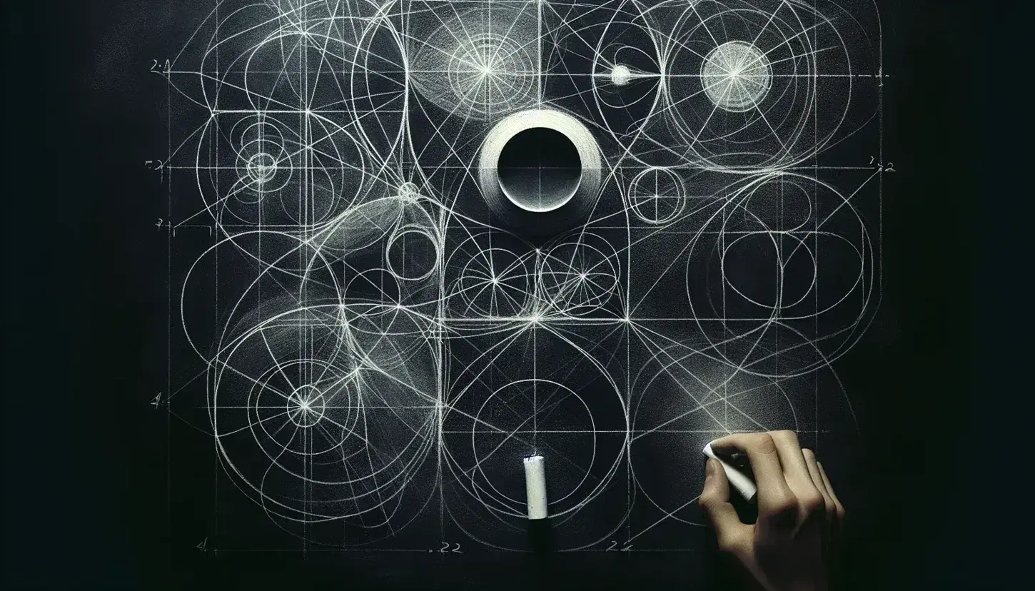 Close-up view of a blackboard with intricate geometric shapes and lines drawn in chalk, with a hand actively sketching a new curve.