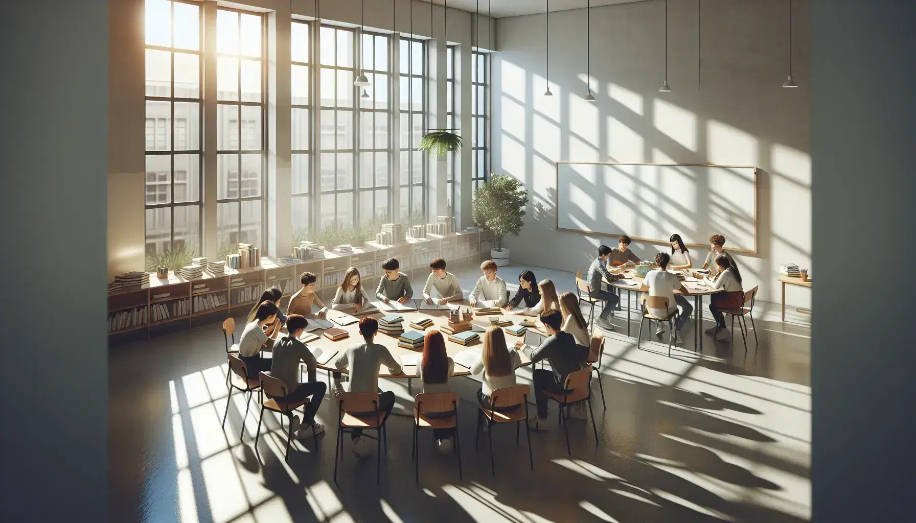 Aula luminosa con estudiantes de diversas edades alrededor de una mesa redonda, discutiendo y trabajando en grupo, con libros y papeles sobre la mesa, junto a una pizarra blanca y una planta verde.