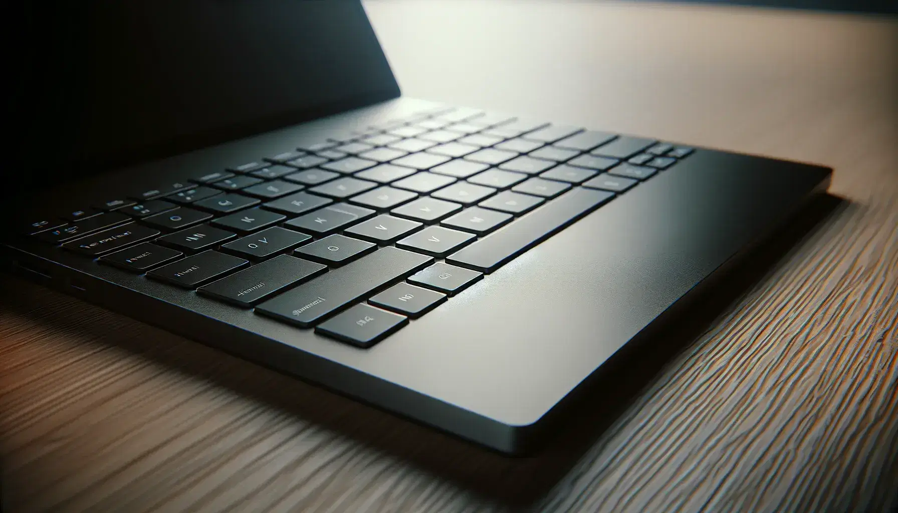 Close-up of modern laptop keyboard in QWERTY layout, matte black keys on light wooden desk, emphasis on texture and minimalist design.