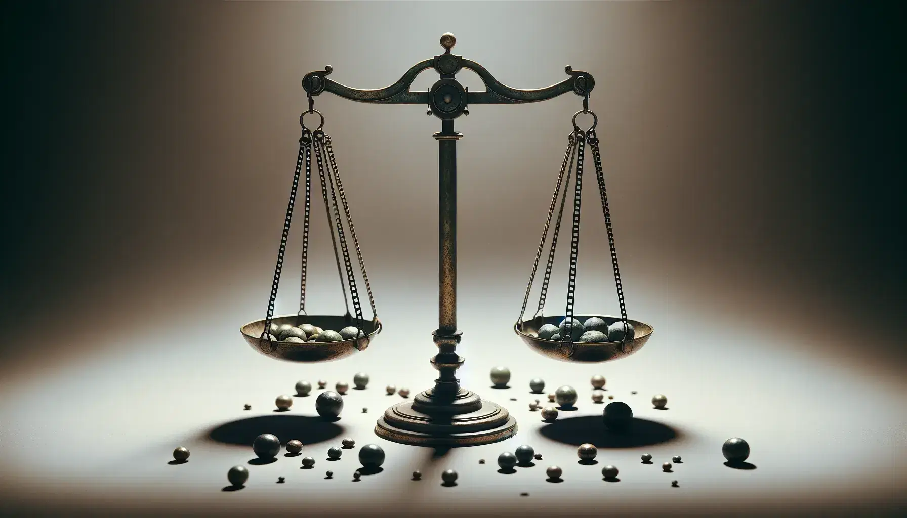 Bilancia antica in equilibrio con due piatti identici su sfondo neutro, circondata da pietre irregolari sfocate, in una scena serena e bilanciata.