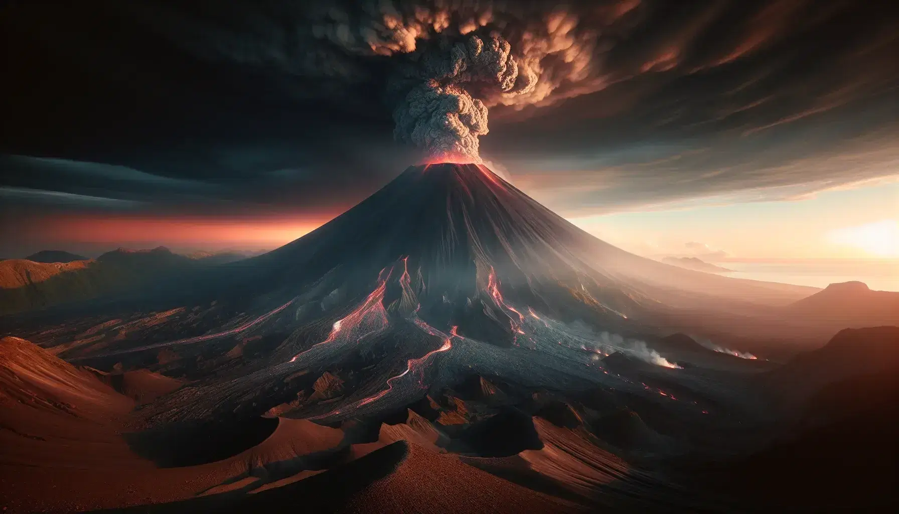 Eruzione vulcanica con colonna di fumo e cenere, flussi di lava visibili, terreno brullo in primo piano e cielo arancione al tramonto.