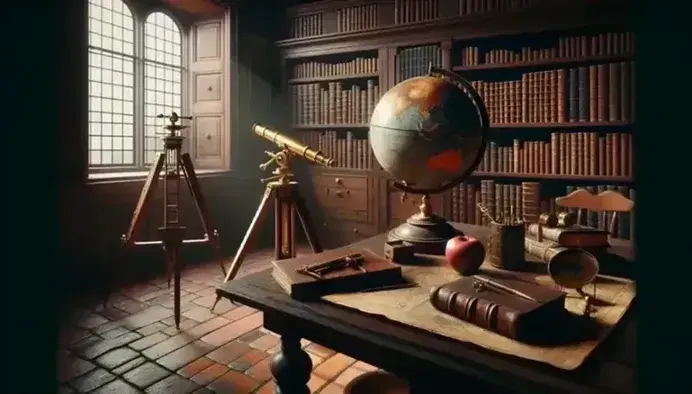 Estudio del siglo XVII con mesa de madera oscura, globo terráqueo, telescopio de latón, manzana roja y estantería repleta de libros encuadernados en cuero, con instrumentos de medición de latón y luz natural entrando por la ventana.