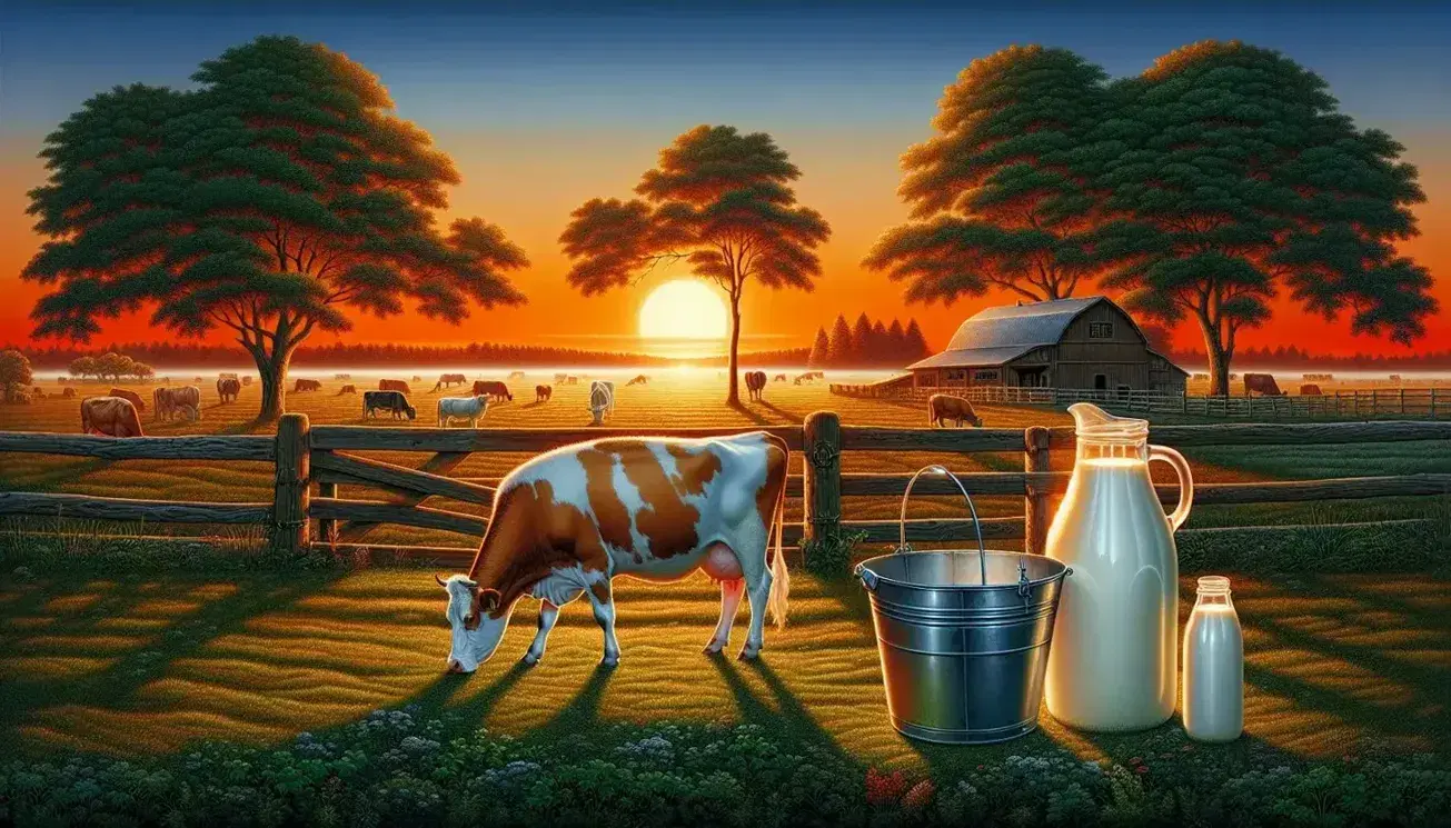 Mucca marrone chiaro pascola in un prato verde al tramonto, con stalla e recinzione sullo sfondo, secchio d'argento e bottiglia di latte in primo piano.