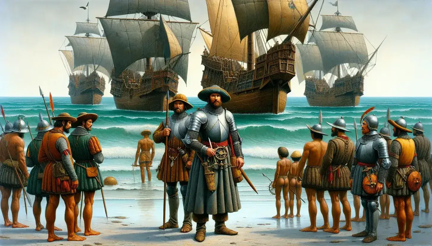 15th-century European explorers meet indigenous people on a tropical beach, with ships anchored offshore and a lush green backdrop.