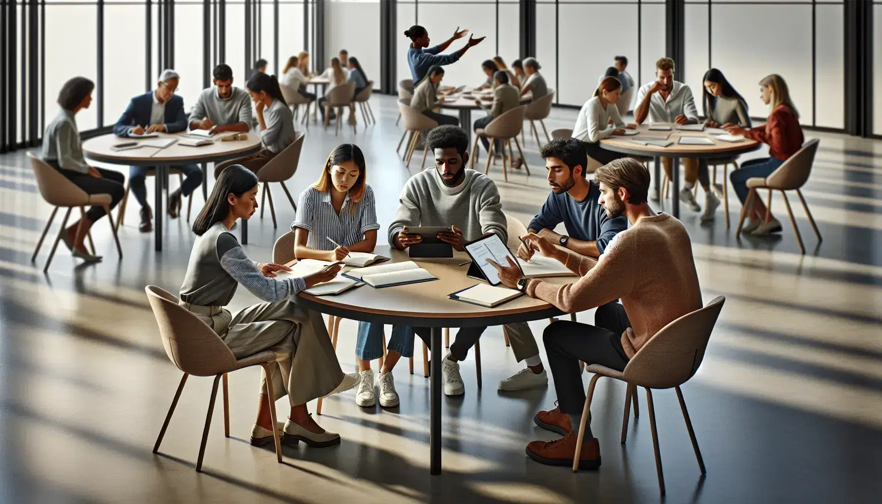 Diverse group of students collaborating in a sunlit classroom, using tablets and taking notes at a round table, with others engaged in the background.