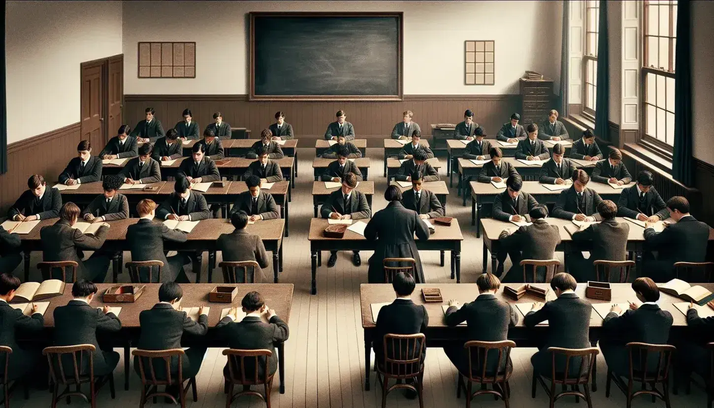 Traditional British school classroom with multi-ethnic students in uniform, wooden desks, teacher in the centre, empty blackboard and bright windows.