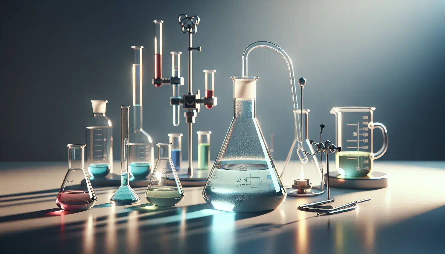 Laboratorio químico con matraz Erlenmeyer y líquido azul, tubo de ensayo amarillo en soporte, mechero Bunsen encendido y frascos de colores en fondo desenfocado.