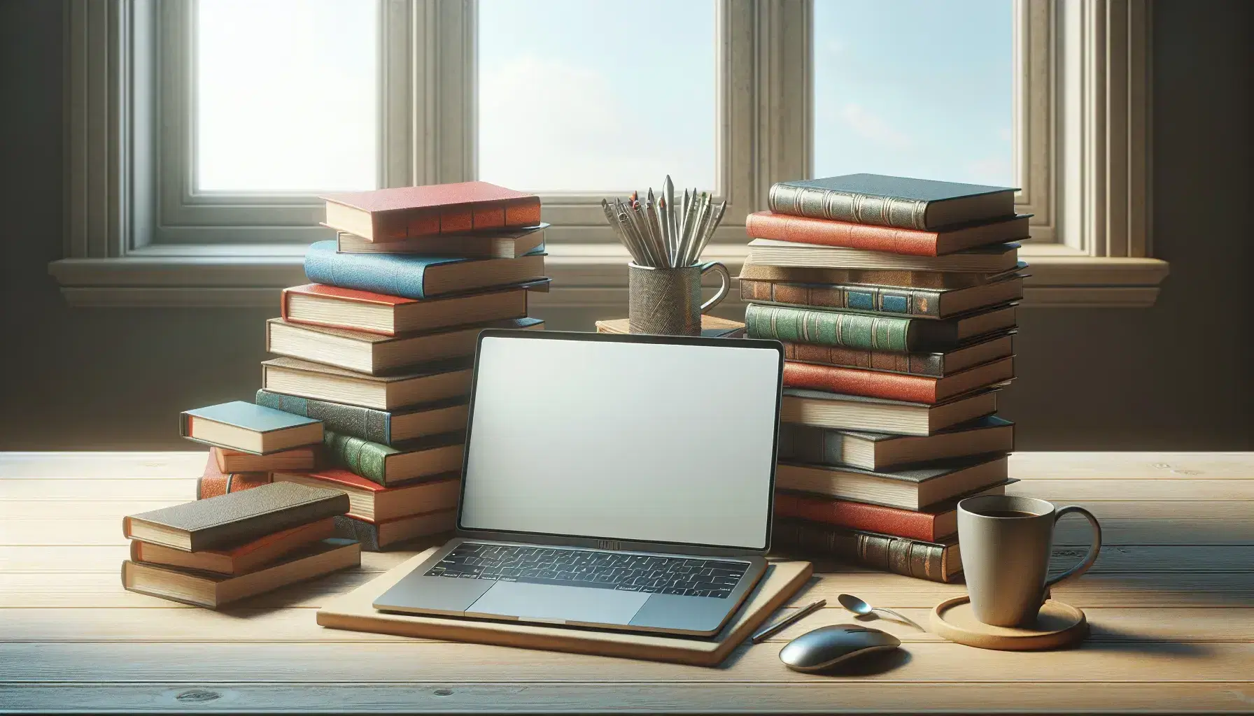 Libros de colores apilados en mesa de madera junto a laptop encendida y taza de café, ambiente de estudio con luz natural.
