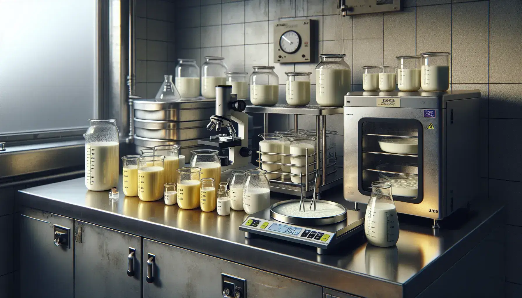 Laboratorio di microbiologia alimentare con attrezzature scientifiche, bilancia digitale e campioni di latte e yogurt in fase di analisi.