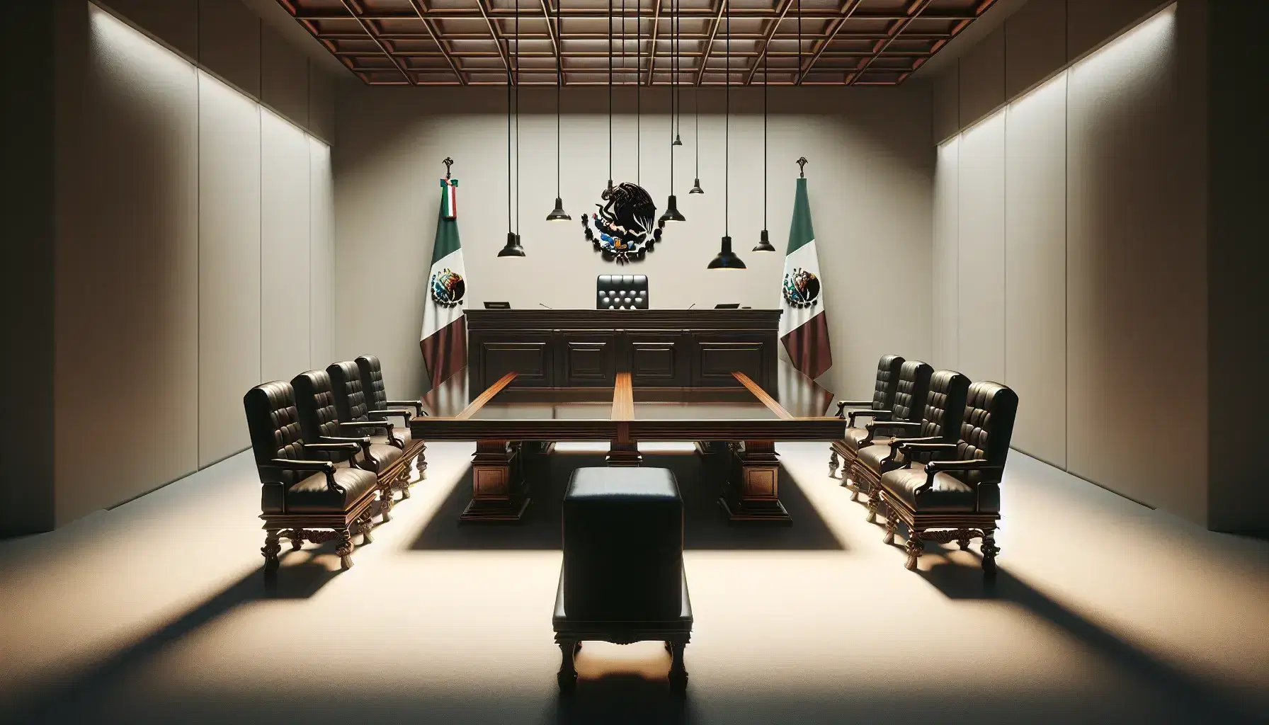 Sala de tribunal vacía con mesa de madera oscura, sillas de cuero negro, estrado de juez y bandera de México sin escudo.