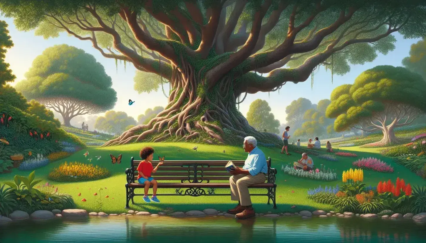 Green park with Hispanic child and African American elder on bench, ancient tree, colorful flowers, pond with ducks and play area with children.