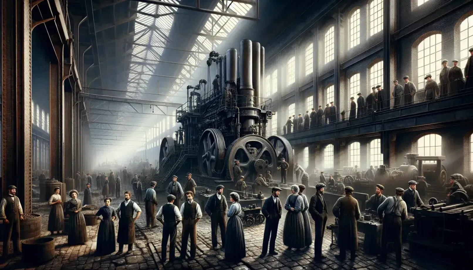 Trabajadores en fábrica de la Revolución Industrial junto a máquina de vapor en funcionamiento, iluminados por luz natural.