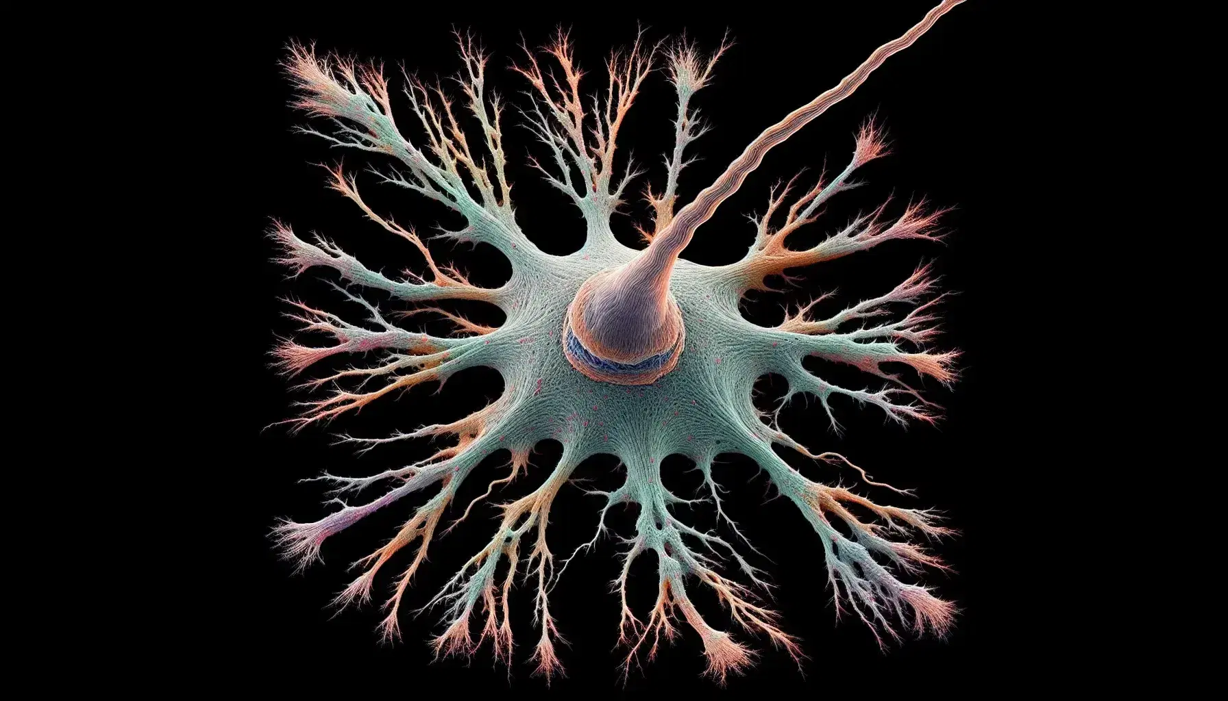 Microfotografia elettronica a colori di neuroni umani con dendriti ramificati e assone sporgente su sfondo scuro.