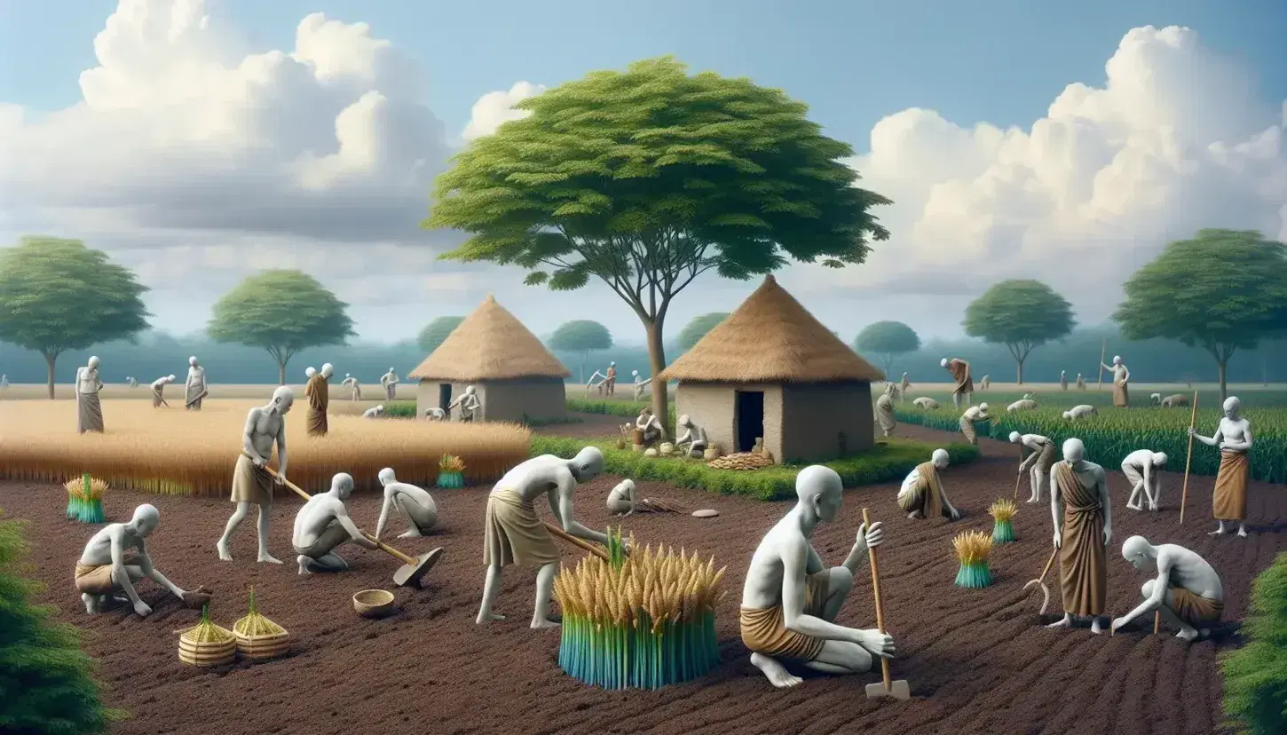 Figuras humanas trabajando en campo de cultivo neolítico, recolectando grano y labrando la tierra, con cabaña y animales al fondo.