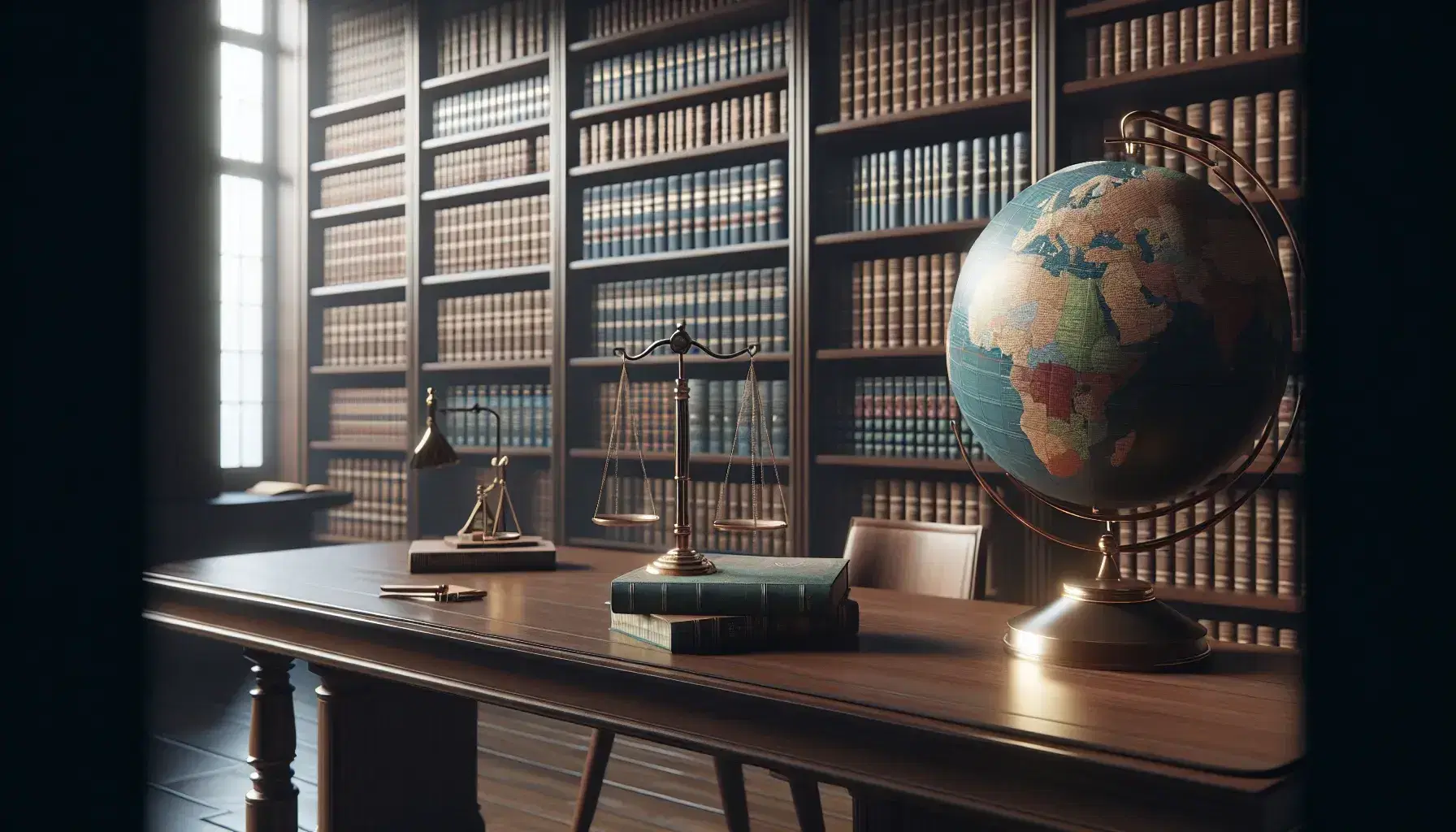 Biblioteca con estanterías de madera oscura llenas de libros y mesa con globo terráqueo y balanza de justicia bajo luz suave.