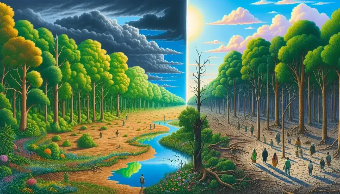 Paesaggio diviso in due: metà superiore con cielo azzurro, alberi verdi e fiori colorati; metà inferiore con cielo grigio, terra arida e figura umane.