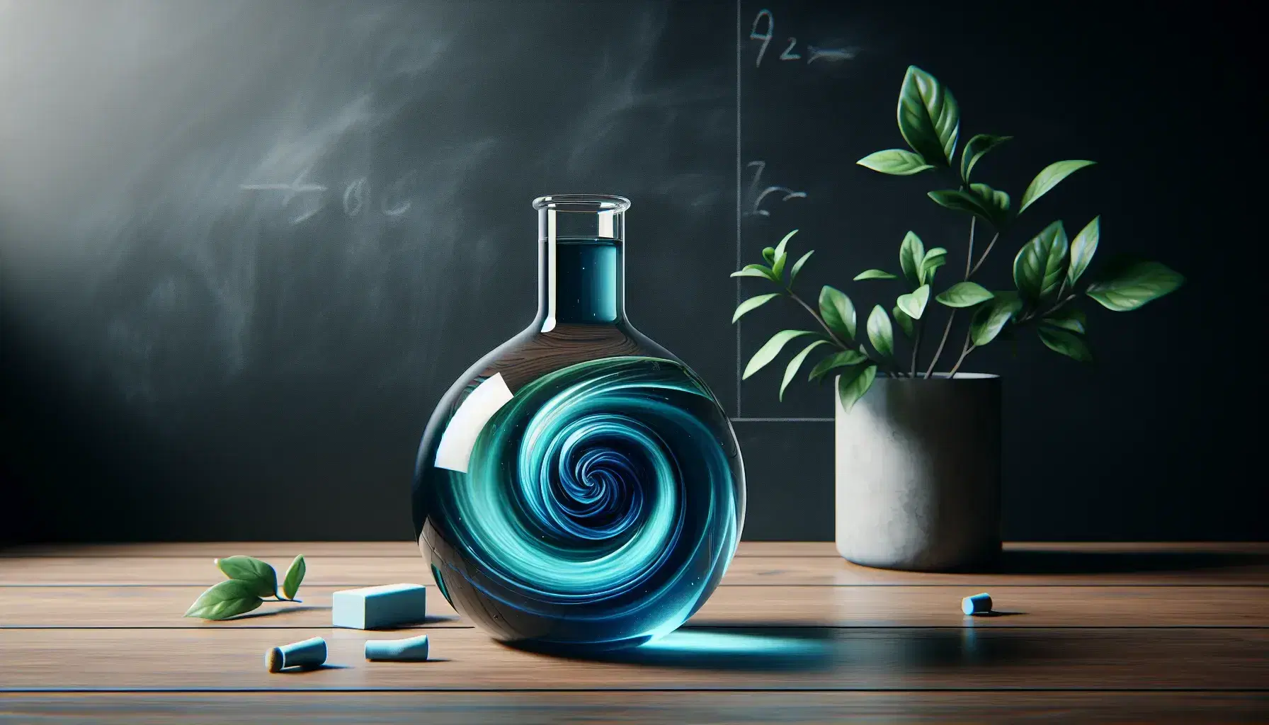 Glass flask with swirling blue liquid on a wooden table, next to a green potted plant and in front of a clean blackboard, in a softly lit setting.