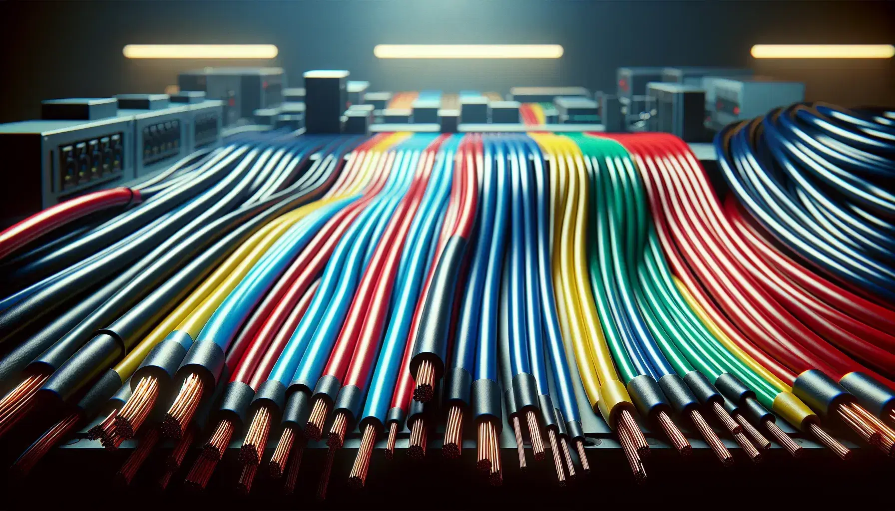 Cavi elettrici multicolore in rosso, blu, verde, giallo e nero disposti parallelamente su superficie orizzontale in ambiente industriale.