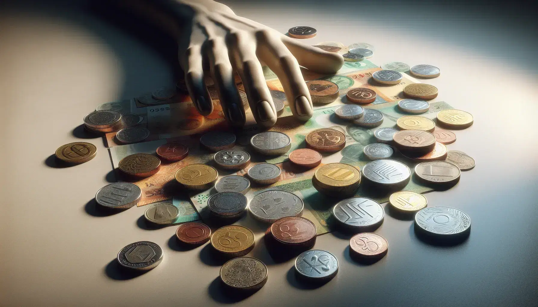 Monedas y billetes de diversas denominaciones y países dispersos en superficie clara con mano humana al fondo.