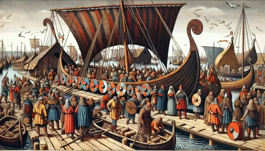 Porto vichingo con drakkar a vela rossobruna, scudi colorati, mercato e vichinghi che consultano una mappa, in una giornata serena.