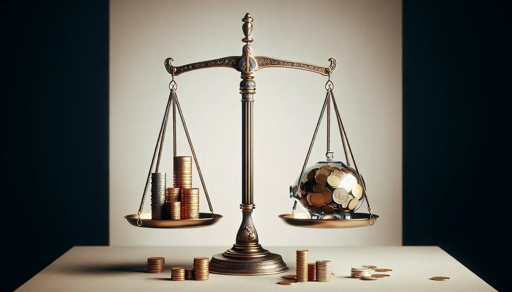 Balanced scale with equal stacks of gold coins and a transparent piggy bank filled with mixed currencies, symbolizing financial equilibrium.