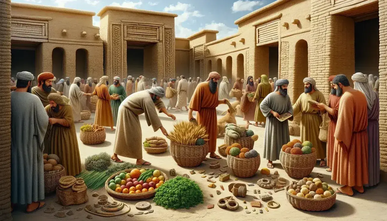 Scena di mercato sumero antico con persone in tuniche che commerciano prodotti agricoli e artigianali, animali legati e fiume sullo sfondo.