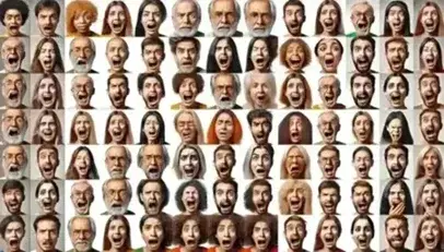 Collage diverso de rostros humanos expresando emociones como alegría, tristeza, sorpresa, miedo, disgusto y enojo, destacando ojos y bocas.