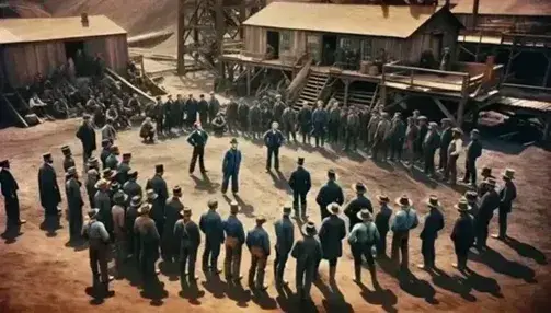 Grupo de trabajadores de principios del siglo XX atentos a un hombre que habla en una instalación industrial o minera, con vestimenta de época y sombreros típicos, bajo un cielo despejado.