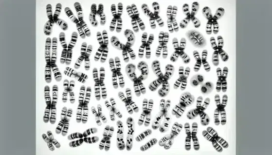 Kariotipo humano con 23 pares de cromosomas alineados durante la metafase, mostrando bandas y centrómeros distintivos en fondo blanco.