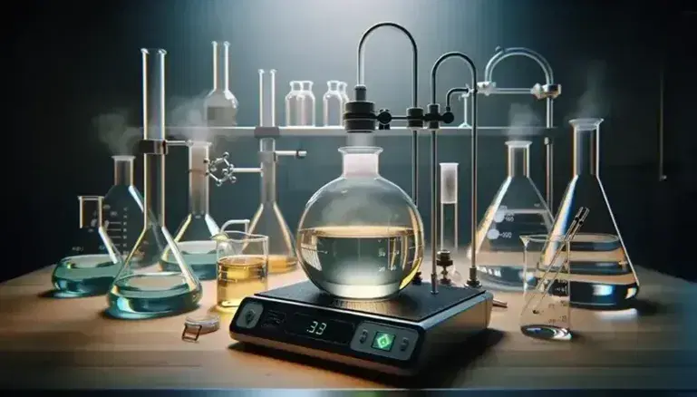 Laboratory with round bottom flask connected to condenser, heated plate on, beaker with colorless liquid and mortar with white powder.