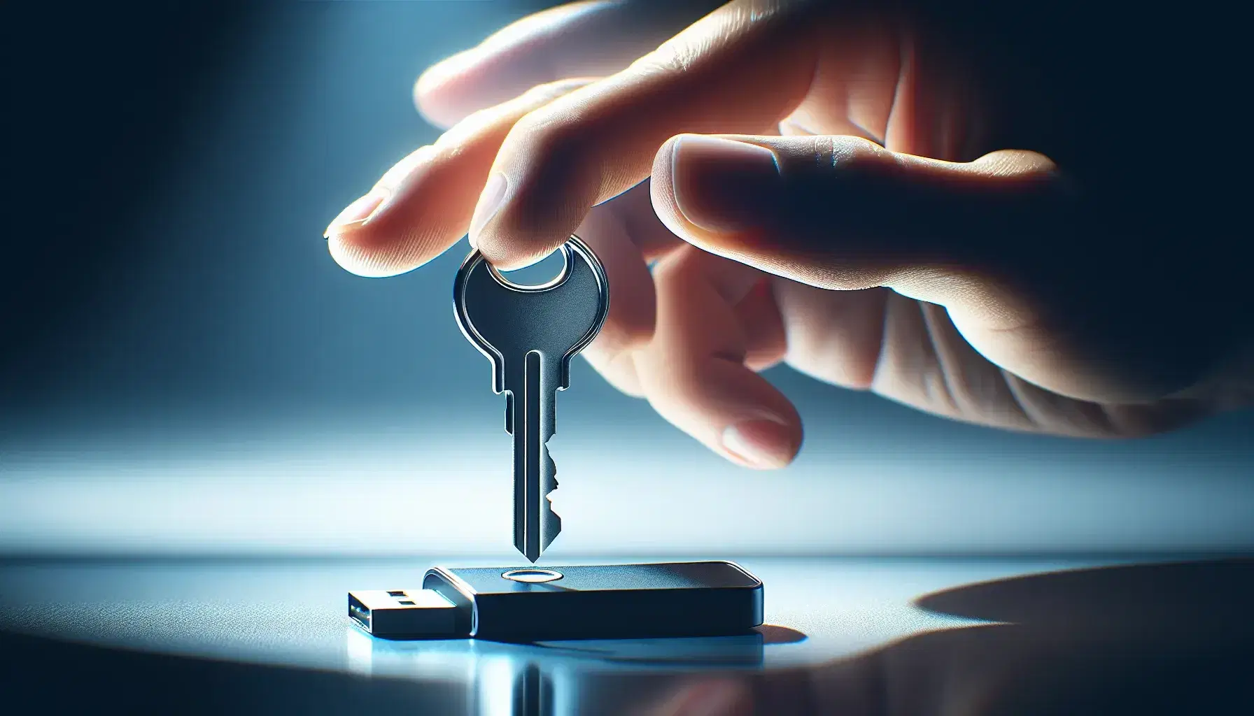 Close-up view of a hand holding a silver key about to insert into a digital USB token's keyhole, with a blurred blue-grey background.