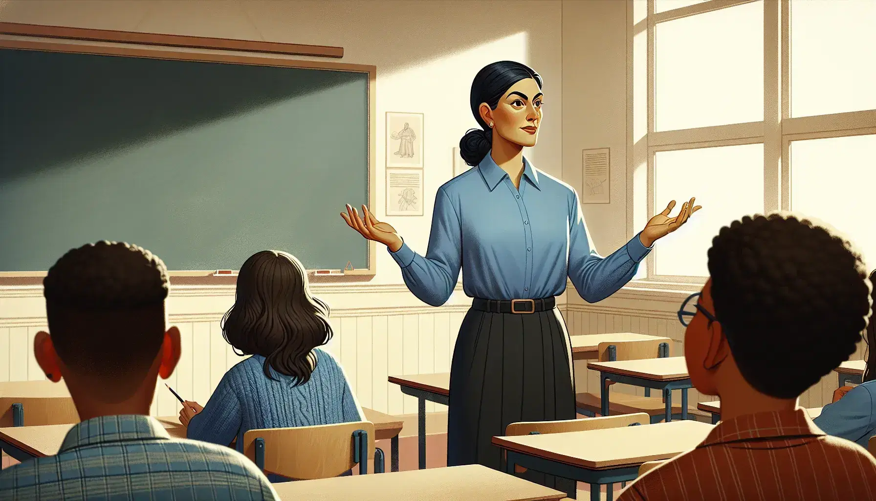 Hispanic female teacher engaging with diverse students in a bright classroom, standing before a blackboard with arms outstretched.