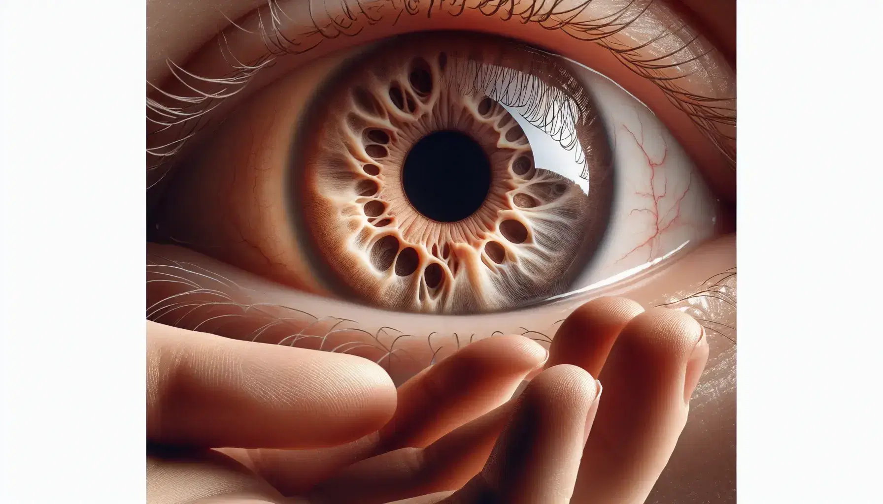 Primer plano de ojo humano con iris marrón claro y pestañas negras, rodeado de esclerótica blanca con venas rojas y mano con palma abierta en el fondo.