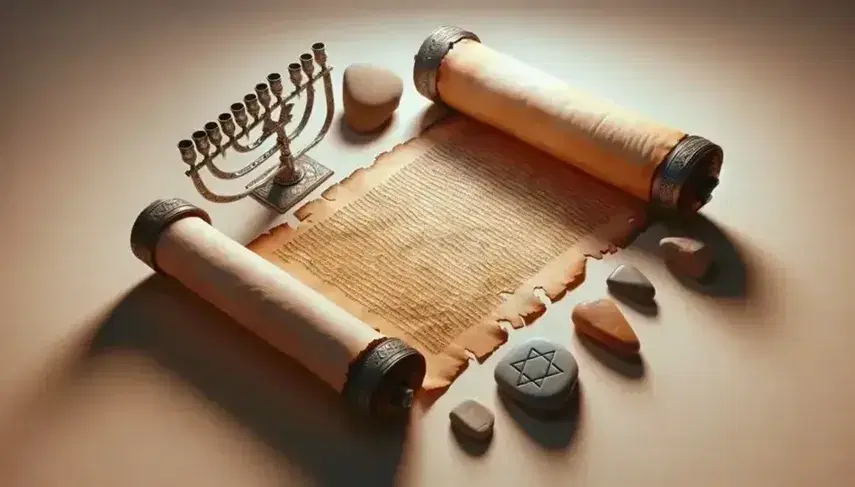Pergamena antica non scritta su sfondo neutro con menorah metallica a sette bracci e pietre levigate con stella a sei punte incisa.