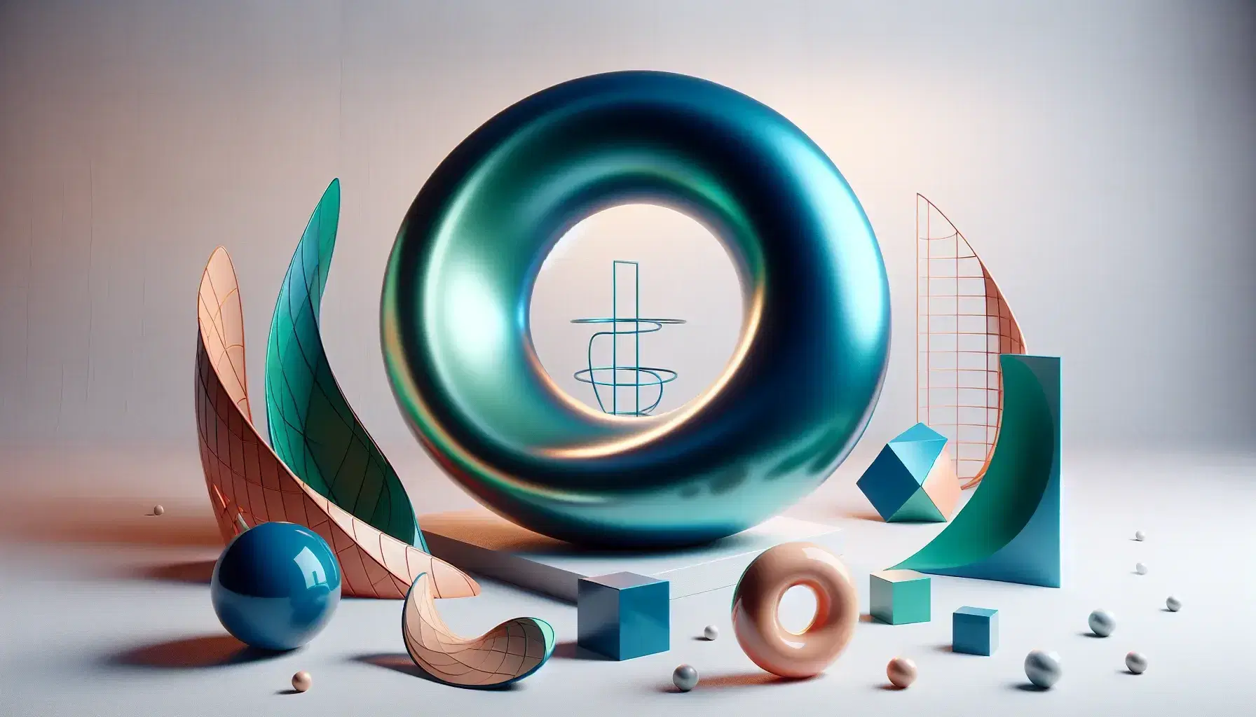 Gradient blue torus centerpiece surrounded by geometric models including a green elliptic curve, red hyperboloid, colorful spheres, gray cubes, and a wireframe cubic surface.