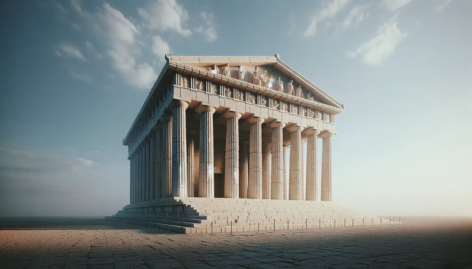 Tempio greco antico con colonne doriche, architrave rettangolare e fregio scolpito, sotto cielo azzurro sereno.