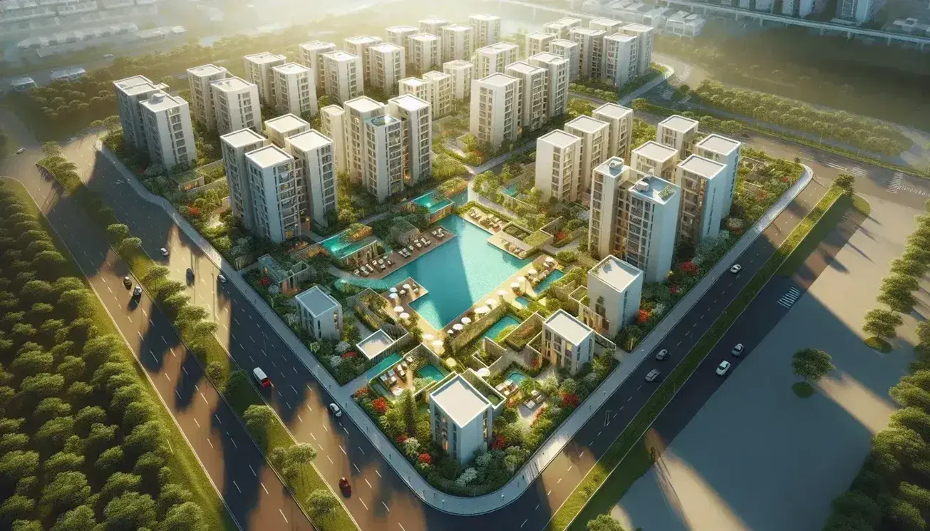 Vista aérea de un complejo residencial con edificios de tonos claros, áreas verdes, caminos serpenteantes, piscina azul y sombrillas coloridas.